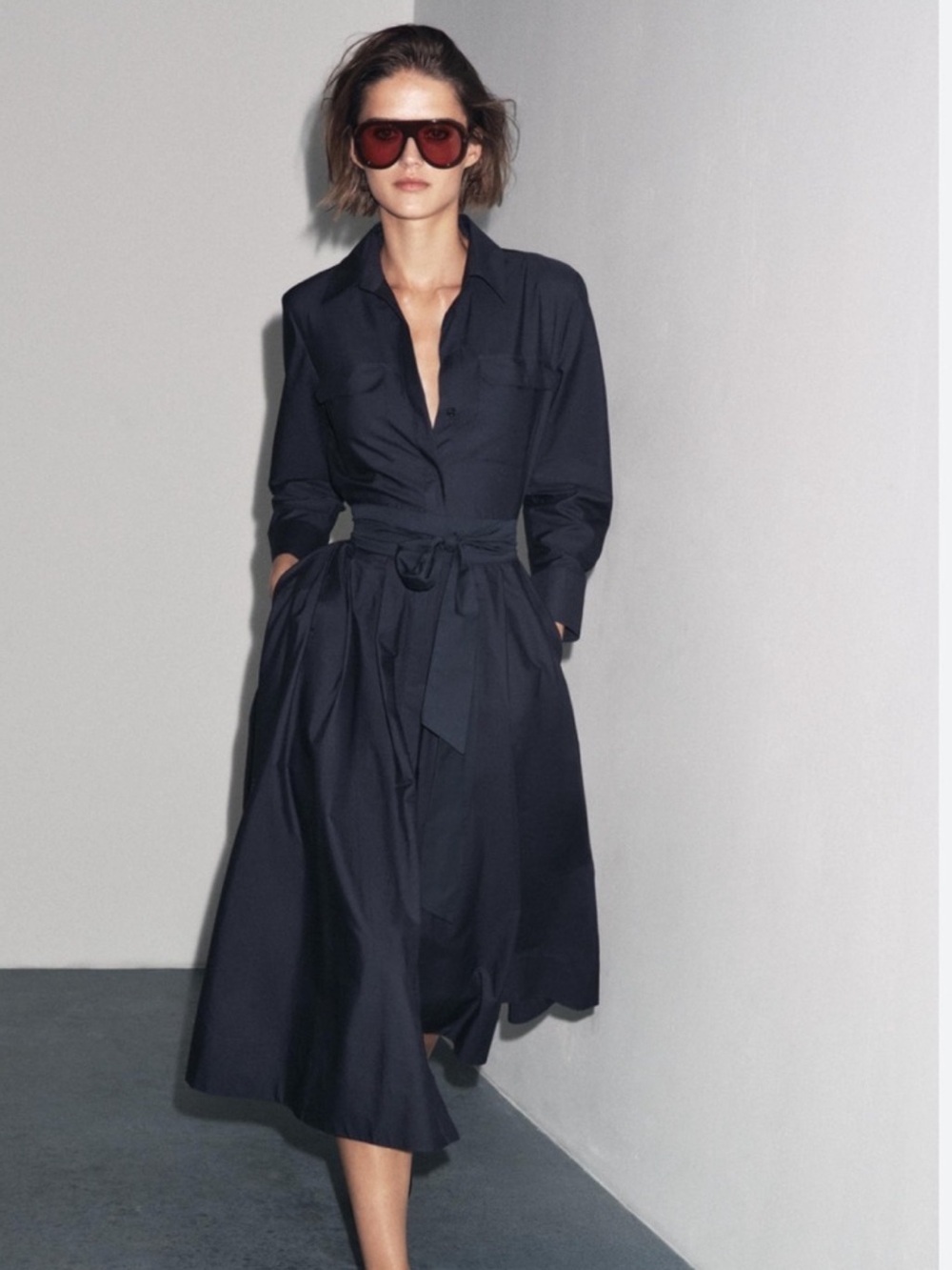 Zara NWTZW Collection poplin dress navy blue